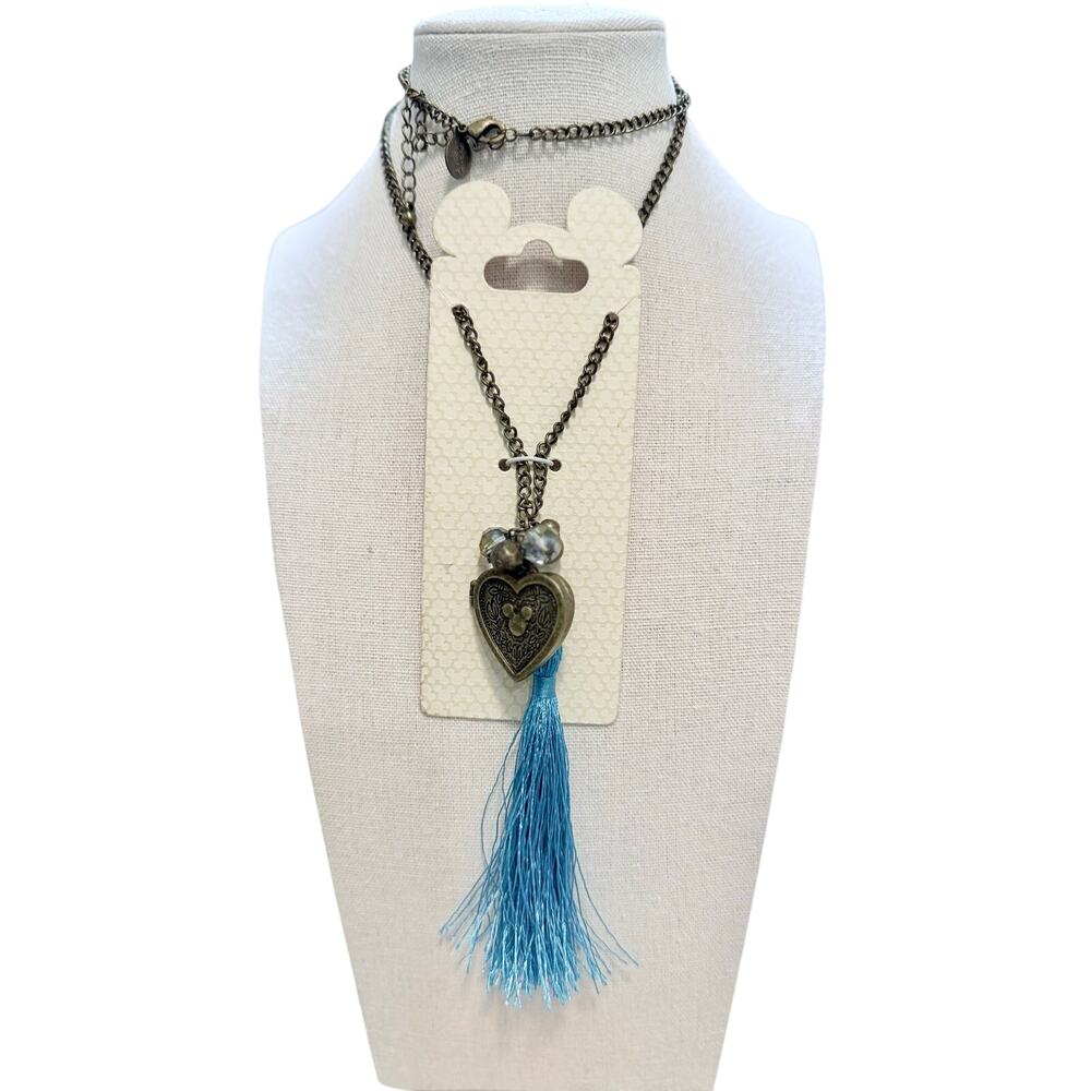 Disney Parks Heart Locket Necklace with Blue Tassel – Antiqued Brass Chain – 20”